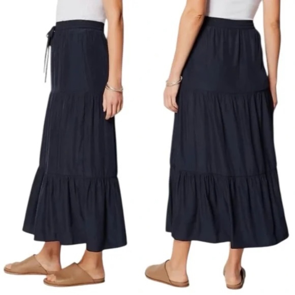 J. Jill Navy Blue Elastic Waist Tiered Boho Pull-On Maxi Skirt Size L Petite